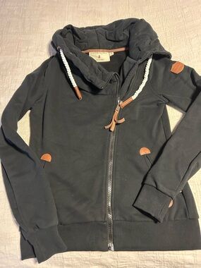 Womens Black Wanakome Asymmetrical Zip Hooded Jacket with Rope Drawcords